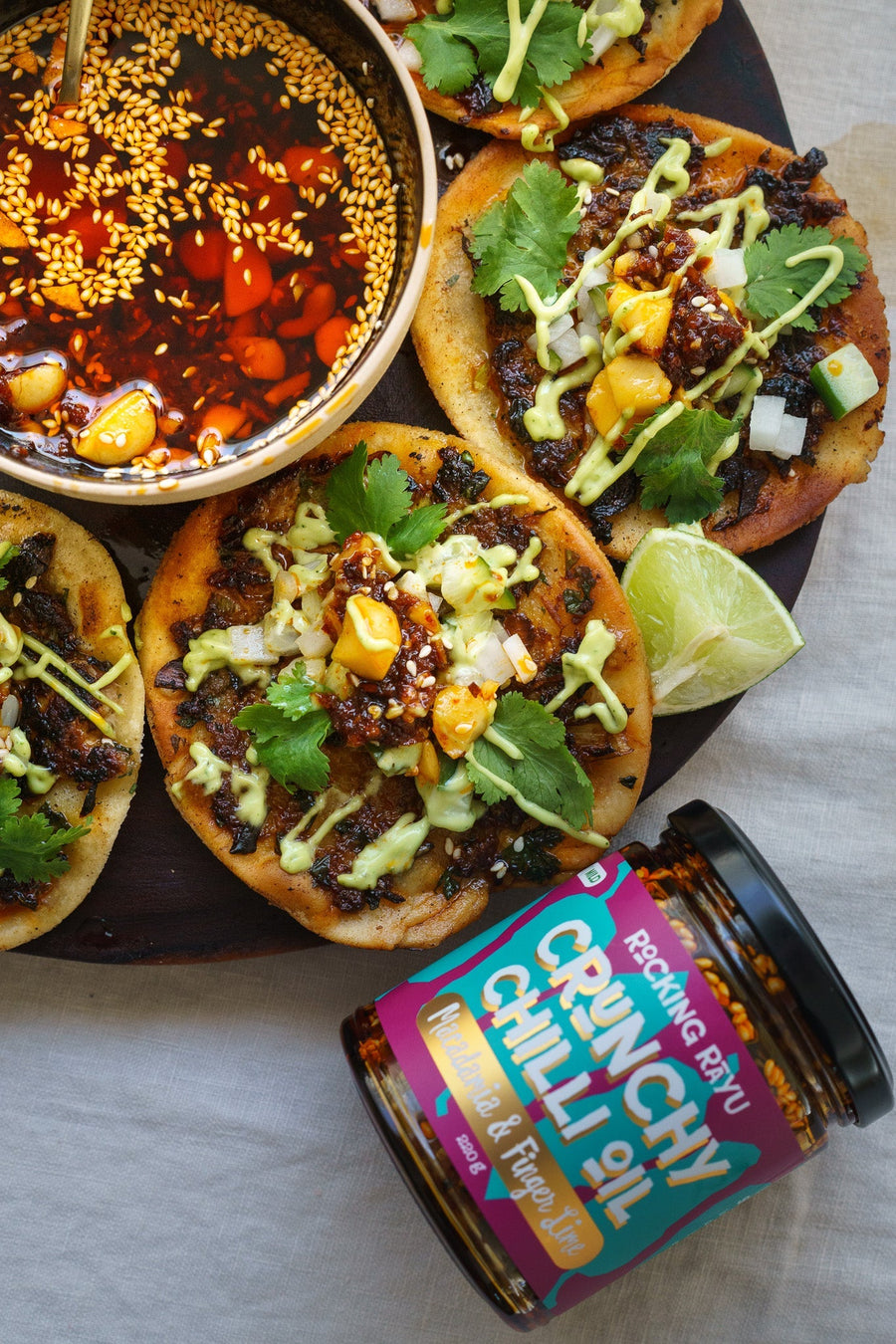 Crispy Pork Dumpling Tacos with Thai Basil Mayo